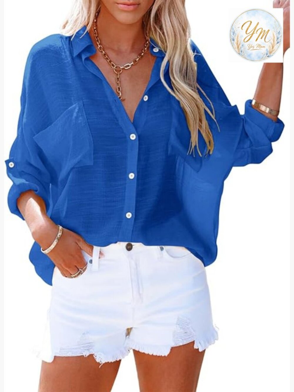 Women's Button Up Shirt Cotton Roll-Up Sleeve V-Neck Tunic Blouse with Pocket
